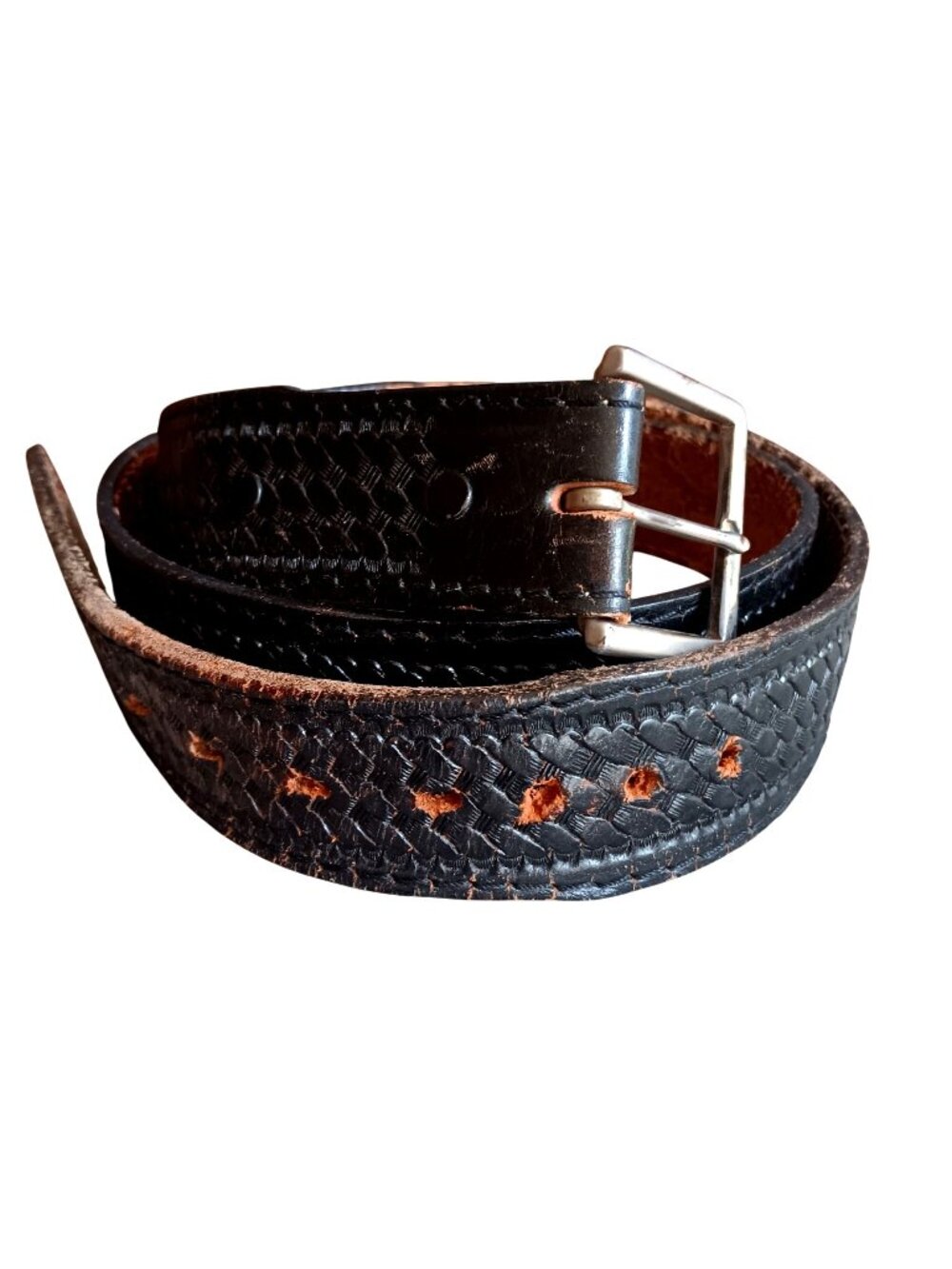True Vintage Belt 42 Black Basket Duty Tooled Leather Lyntone Made USA Cowhide
